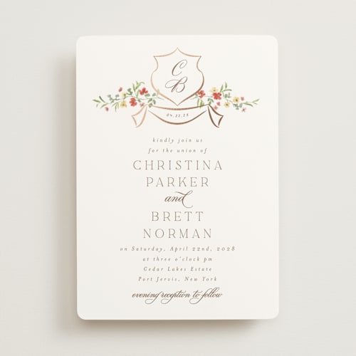 This is a tomato foil stamped wedding invitations with foil pressed by Everett Paper Goods called posy printing on signature in standard