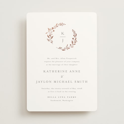 This is a taupe foil stamped wedding invitations with foil pressed by Jennifer Postorino called embrace printing on signature in standard