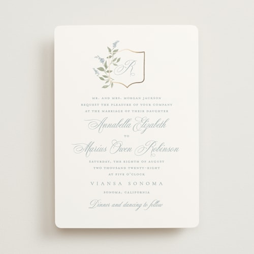 This is a bluebell foil stamped wedding invitations with foil pressed by Kristie Kern called marmont printing on signature in standard
