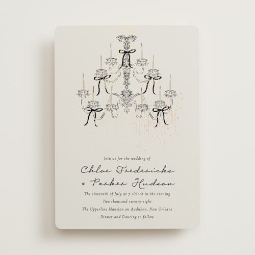 This is a noir foil stamped wedding invitations with foil pressed by Jackie Crawford called hand illustrated whimsical chandelier printing on signature in standard