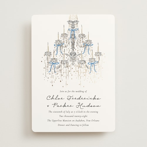This is a cobalt foil stamped wedding invitations with foil pressed by Jackie Crawford called hand illustrated whimsical chandelier printing on signature in standard