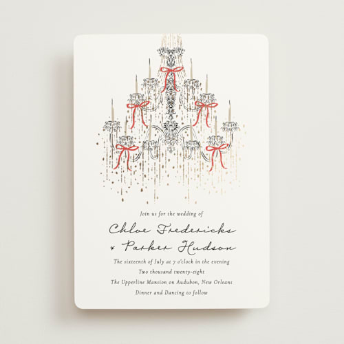 This is a ruby foil stamped wedding invitations with foil pressed by Jackie Crawford called hand illustrated whimsical chandelier printing on signature in standard