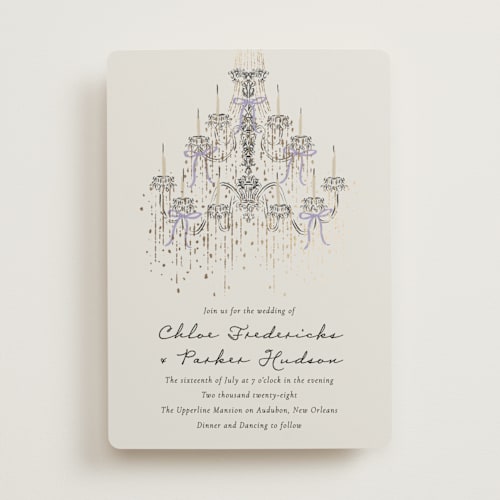 This is a lavender foil stamped wedding invitations with foil pressed by Jackie Crawford called hand illustrated whimsical chandelier printing on signature in standard