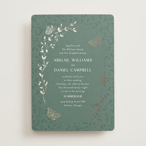 This is a eucalyptus foil stamped wedding invitations with foil pressed by Simona Camp called southern romance printing on signature in standard