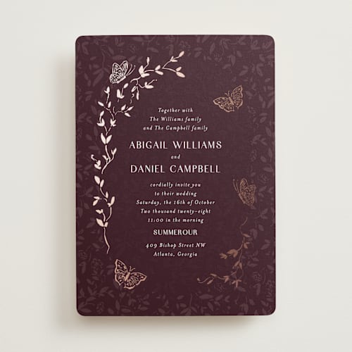 This is a cabernet foil stamped wedding invitations with foil pressed by Simona Camp called southern romance printing on signature in standard