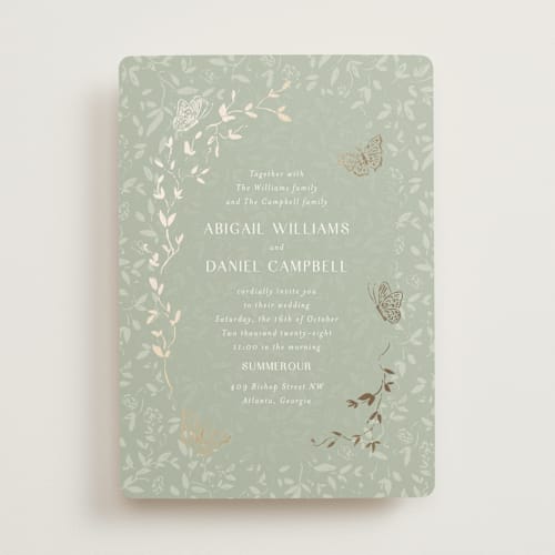 This is a pistachio foil stamped wedding invitations with foil pressed by Simona Camp called southern romance printing on signature in standard