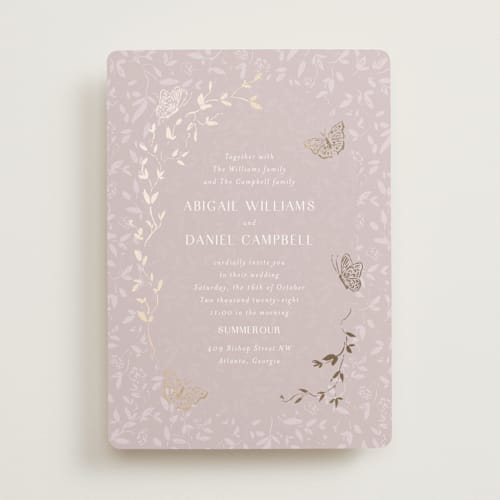 This is a petal foil stamped wedding invitations with foil pressed by Simona Camp called southern romance printing on signature in standard