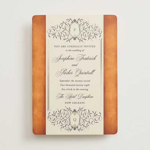 This is a tangerine foil stamped wedding invitations with foil pressed by Jackie Crawford called josephine printing on signature in standard