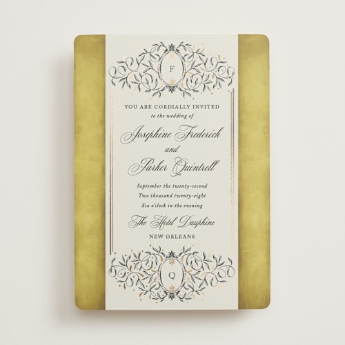 This is a citron foil stamped wedding invitations with foil pressed by Jackie Crawford called josephine printing on signature in standard
