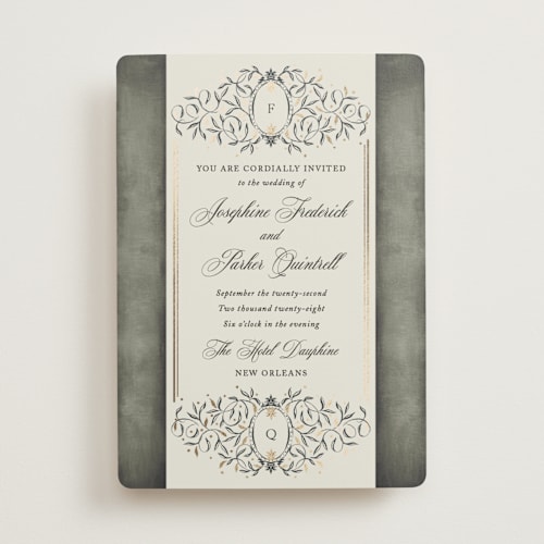This is a noir foil stamped wedding invitations with foil pressed by Jackie Crawford called josephine printing on signature in standard