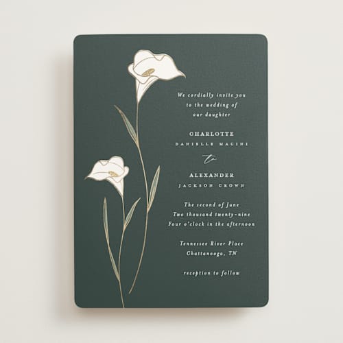 This is a forest foil stamped wedding invitations with foil pressed by Stacey Meacham called elegant lillies printing on signature in standard