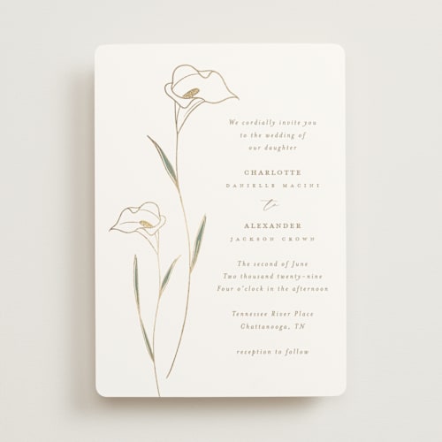 This is a cotton foil stamped wedding invitations with foil pressed by Stacey Meacham called elegant lillies printing on signature in standard