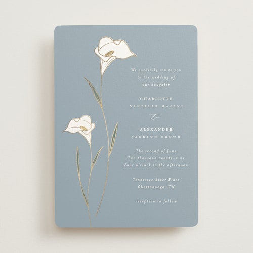 This is a dusty blue foil stamped wedding invitations with foil pressed by Stacey Meacham called elegant lillies printing on signature in standard