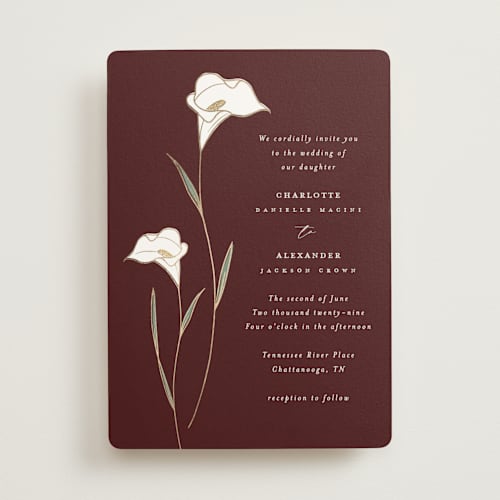 This is a claret foil stamped wedding invitations with foil pressed by Stacey Meacham called elegant lillies printing on signature in standard