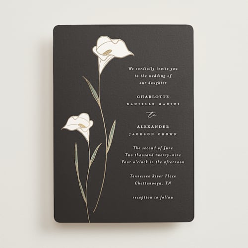 This is a ink foil stamped wedding invitations with foil pressed by Stacey Meacham called elegant lillies printing on signature in standard
