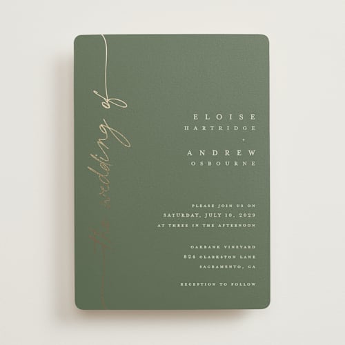 This is a eucalyptus foil stamped wedding invitations with foil pressed by Pippa Shaw called silk printing on signature in standard