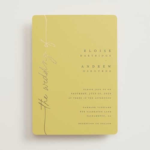 This is a citrus foil stamped wedding invitations with foil pressed by Pippa Shaw called silk printing on signature in standard