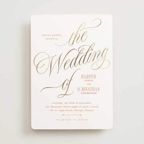 This is a sunset foil stamped wedding invitations with foil pressed by Kate Ahn called mirin printing on signature in standard