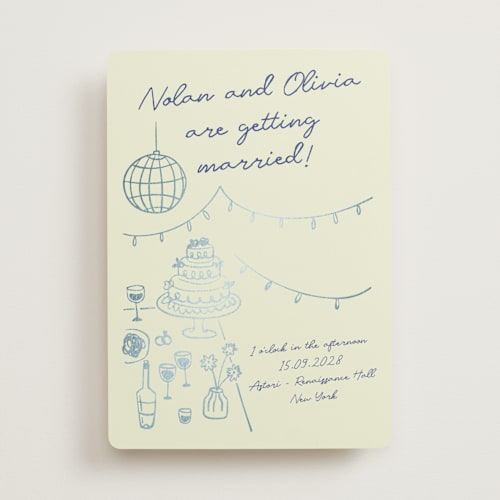 This is a disco blue foil stamped wedding invitations with foil pressed by Zove Ahhh called party on! printing on signature in standard