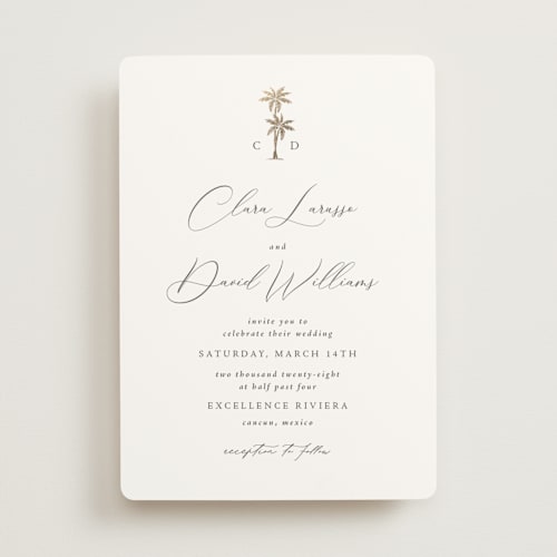 This is a leaf foil stamped wedding invitations with foil pressed by Olivia Raufman called palm monogram printing on signature in standard