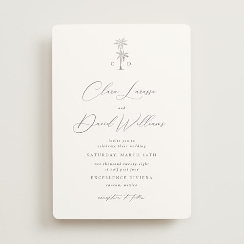 This is a dusty blue foil stamped wedding invitations with foil pressed by Olivia Raufman called palm monogram printing on signature in standard