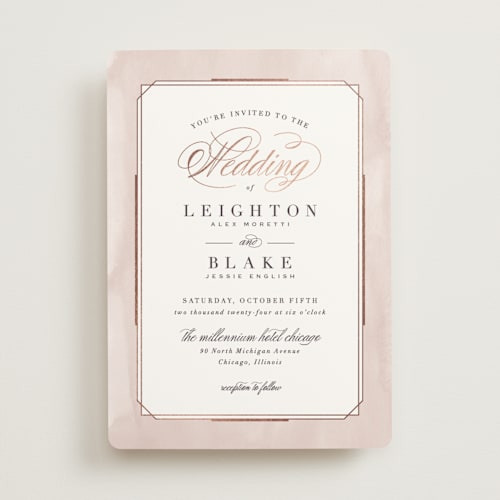 This is a mauve foil stamped wedding invitations with foil pressed by Hooray Creative called forever elegant printing on signature in standard