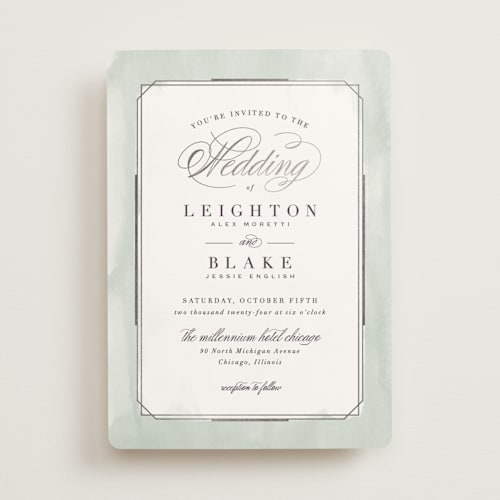 This is a mint foil stamped wedding invitations with foil pressed by Hooray Creative called forever elegant printing on signature in standard