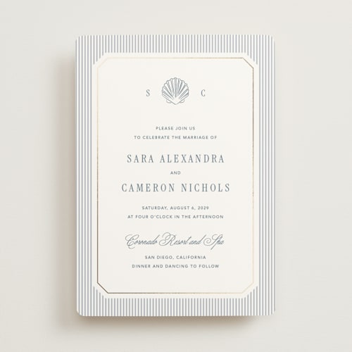 This is a coast foil stamped wedding invitations with foil pressed by Kelly Schmidt called seashore printing on signature in standard