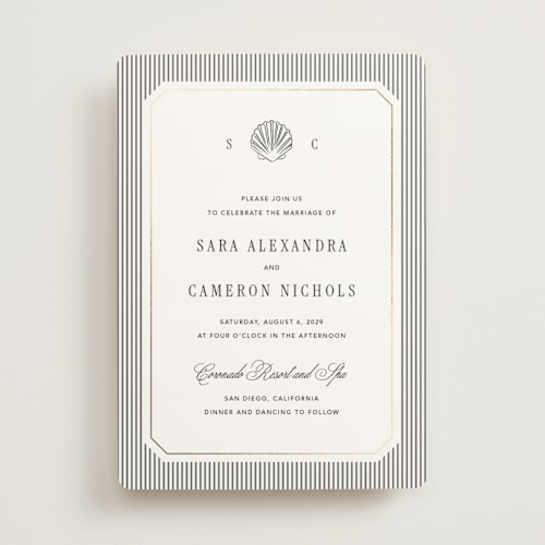 This is a silk foil stamped wedding invitations with foil pressed by Kelly Schmidt called seashore printing on signature in standard