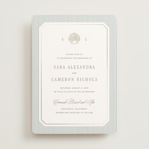 This is a seafoam foil stamped wedding invitations with foil pressed by Kelly Schmidt called seashore printing on signature in standard