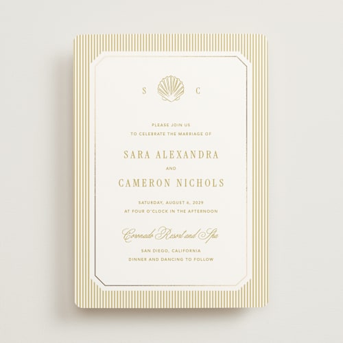 This is a lemon foil stamped wedding invitations with foil pressed by Kelly Schmidt called seashore printing on signature in standard