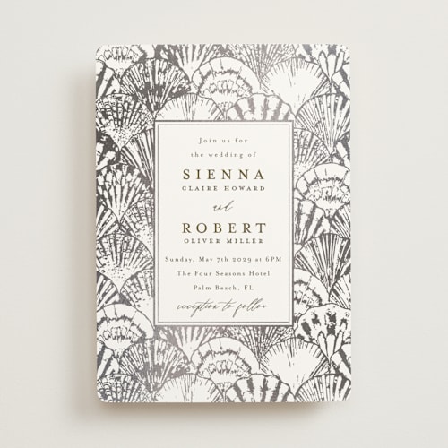 This is a pearl foil stamped wedding invitations with foil pressed by Maria Alou called by the seashore printing on signature in standard