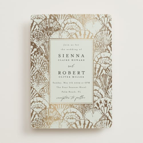 This is a sea foam foil stamped wedding invitations with foil pressed by Maria Alou called by the seashore printing on signature in standard