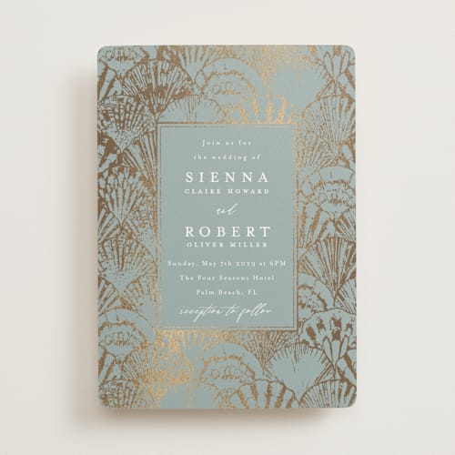 This is a ocean foil stamped wedding invitations with foil pressed by Maria Alou called by the seashore printing on signature in standard