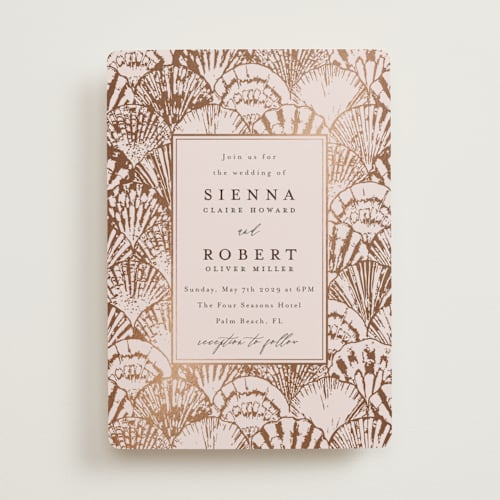 This is a pink orchard foil stamped wedding invitations with foil pressed by Maria Alou called by the seashore printing on signature in standard