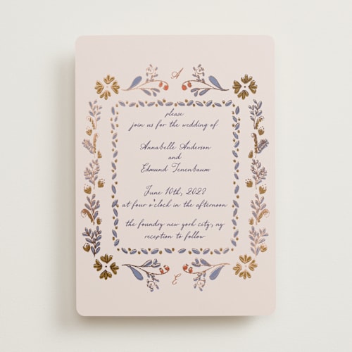 This is a wisteria foil stamped wedding invitations with foil pressed by Monika Konieczna called together in bloom printing on signature in standard