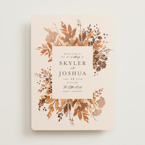 This is a rust foil stamped wedding invitations with foil pressed by Chris Griffith called wedding in aspen printing on signature in standard