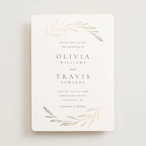 This is a silk foil stamped wedding invitations with foil pressed by Kelly Schmidt called leaves printing on signature in standard