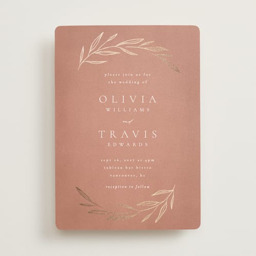 This is a terracotta foil stamped wedding invitations with foil pressed by Kelly Schmidt called leaves printing on signature in standard