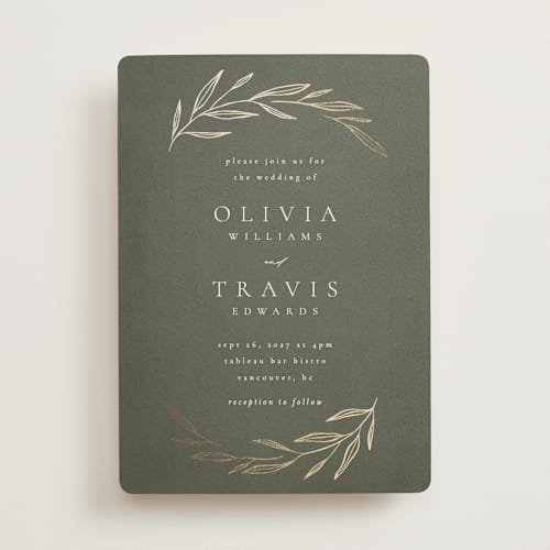 This is a moss foil stamped wedding invitations with foil pressed by Kelly Schmidt called leaves printing on signature in standard