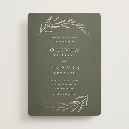 This is a moss foil stamped wedding invitations with foil pressed by Kelly Schmidt called leaves printing on signature in standard