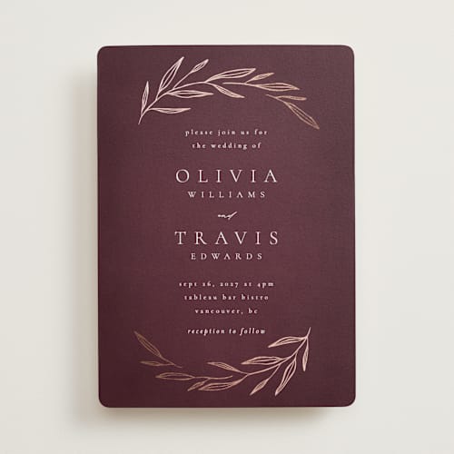 This is a merlot foil stamped wedding invitations with foil pressed by Kelly Schmidt called leaves printing on signature in standard