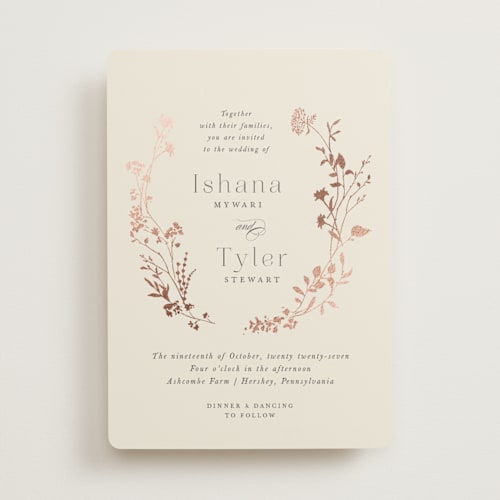 This is a creme brulee foil stamped wedding invitations with foil pressed by Jennifer Wick called queen anne's lace printing on signature in standard