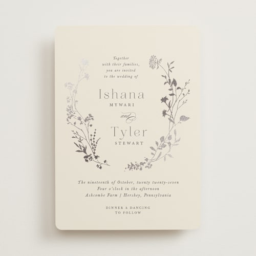 This is a creme brulee foil stamped wedding invitations with foil pressed by Jennifer Wick called queen anne's lace printing on signature in standard