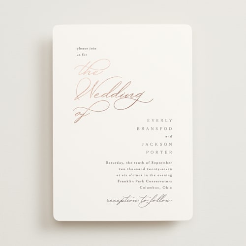 This is a snow foil stamped wedding invitations with foil pressed by Kaydi Bishop called eternal printing on signature in standard
