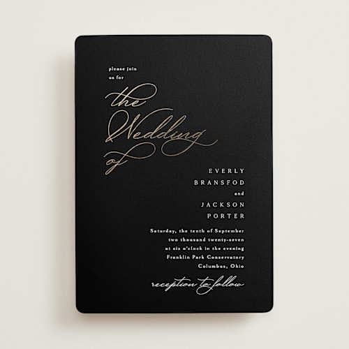 This is a obsidian foil stamped wedding invitations with foil pressed by Kaydi Bishop called eternal printing on signature in standard