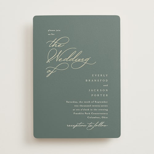 This is a moss foil stamped wedding invitations with foil pressed by Kaydi Bishop called eternal printing on signature in standard