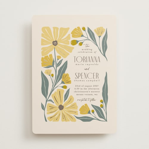 This is a buttercup foil stamped wedding invitations with foil pressed by Karidy Walker called storybook garden printing on signature in standard