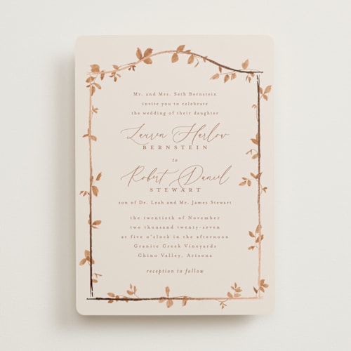 This is a cinnamon foil stamped wedding invitations with foil pressed by Everett Paper Goods called canopy printing on signature in standard