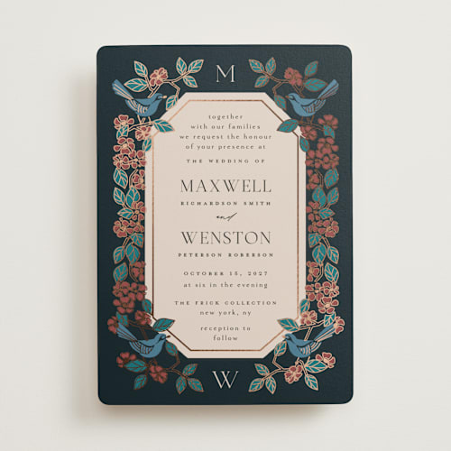 This is a onyx foil stamped wedding invitations with foil pressed by Ana de Sousa called wedding birds printing on signature in standard